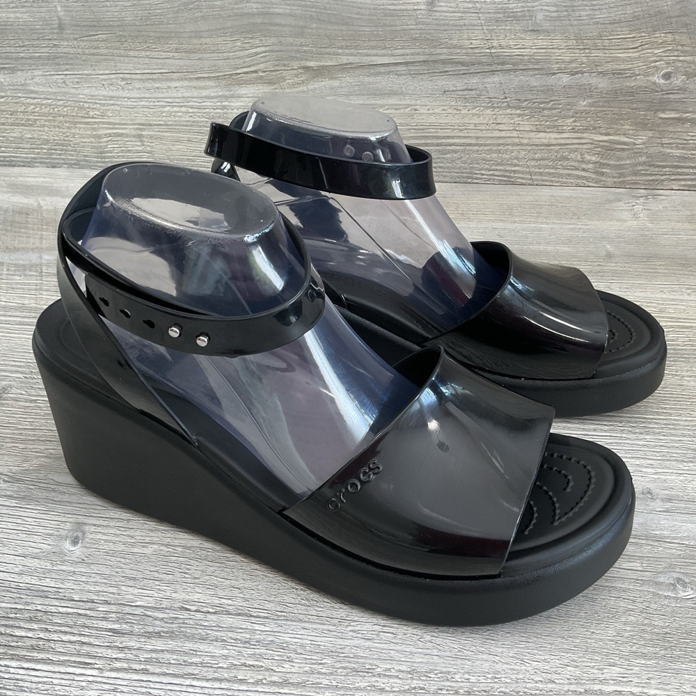 Crocs Brooklyn High Shine Ankle Strap Wedge Black 209706-060 Women's Size 11 US